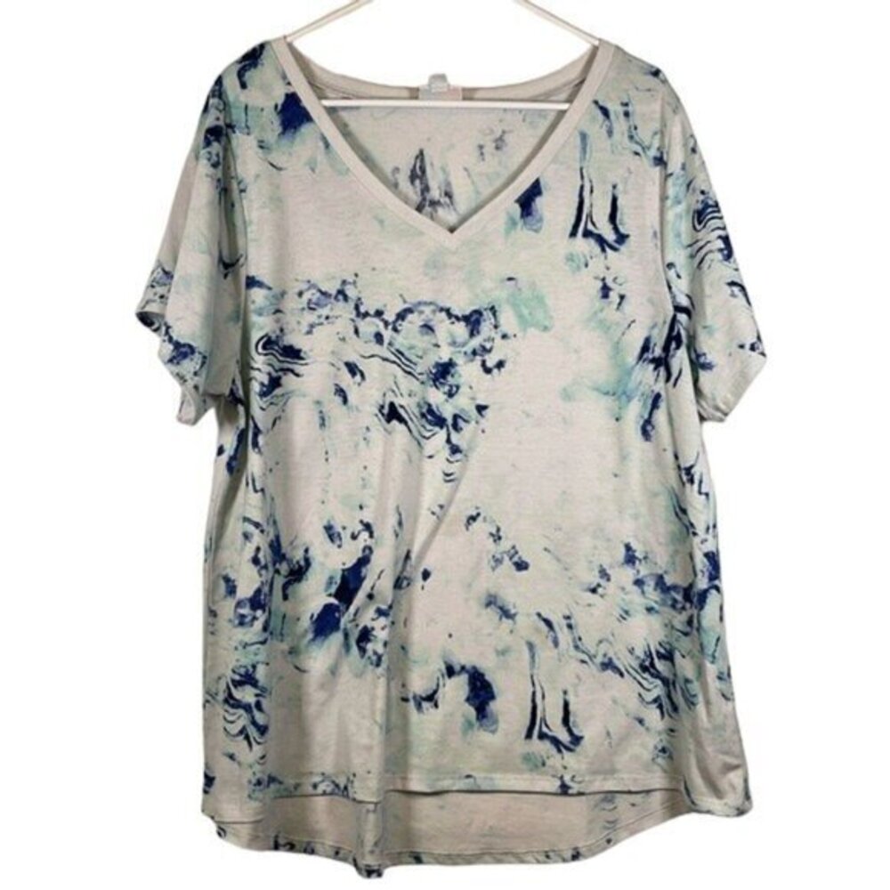 Plus Size Lularoe White Blue Tie Dye V-Neck Pullover Shirt Size 2XL GUC #0593